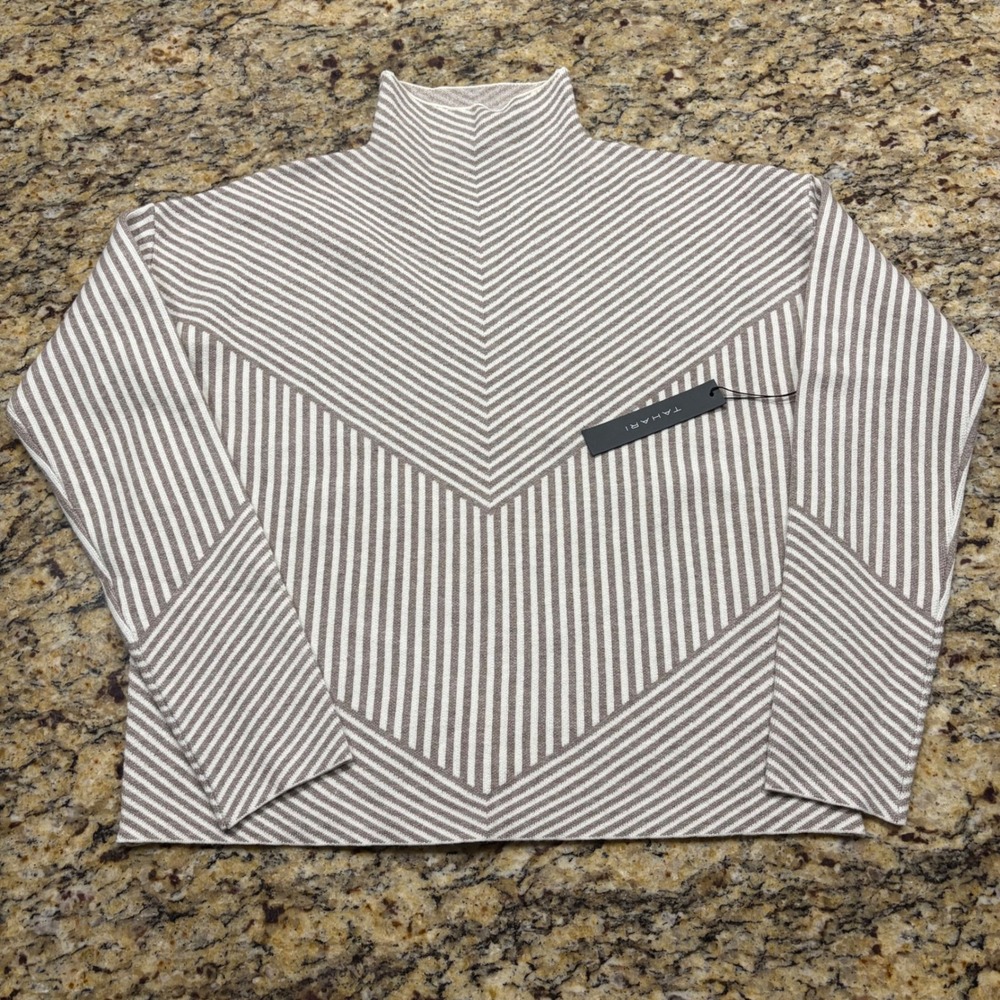 NEW Tahari Womens Tan Cream Striped Chevron Mock Neck Knit Sweater Small ws